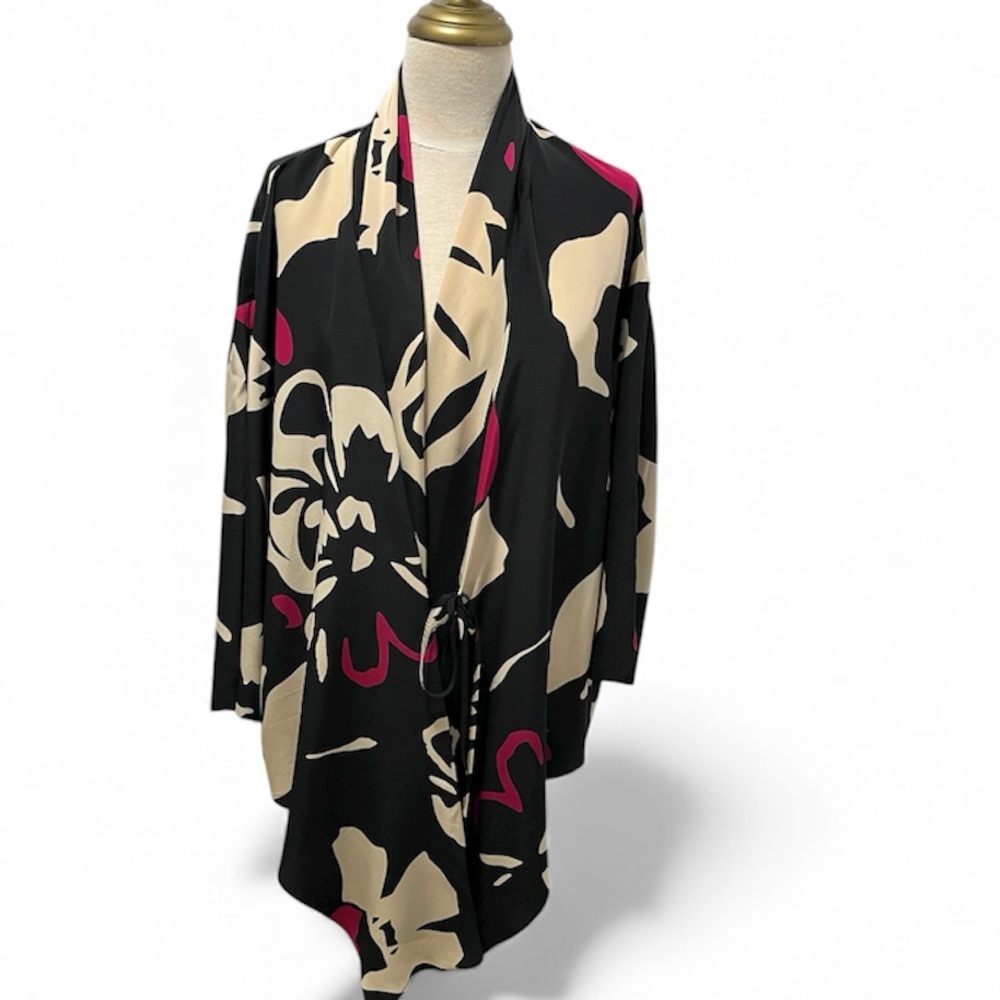 Floral Black and Cream Silk Kimono Cardigan